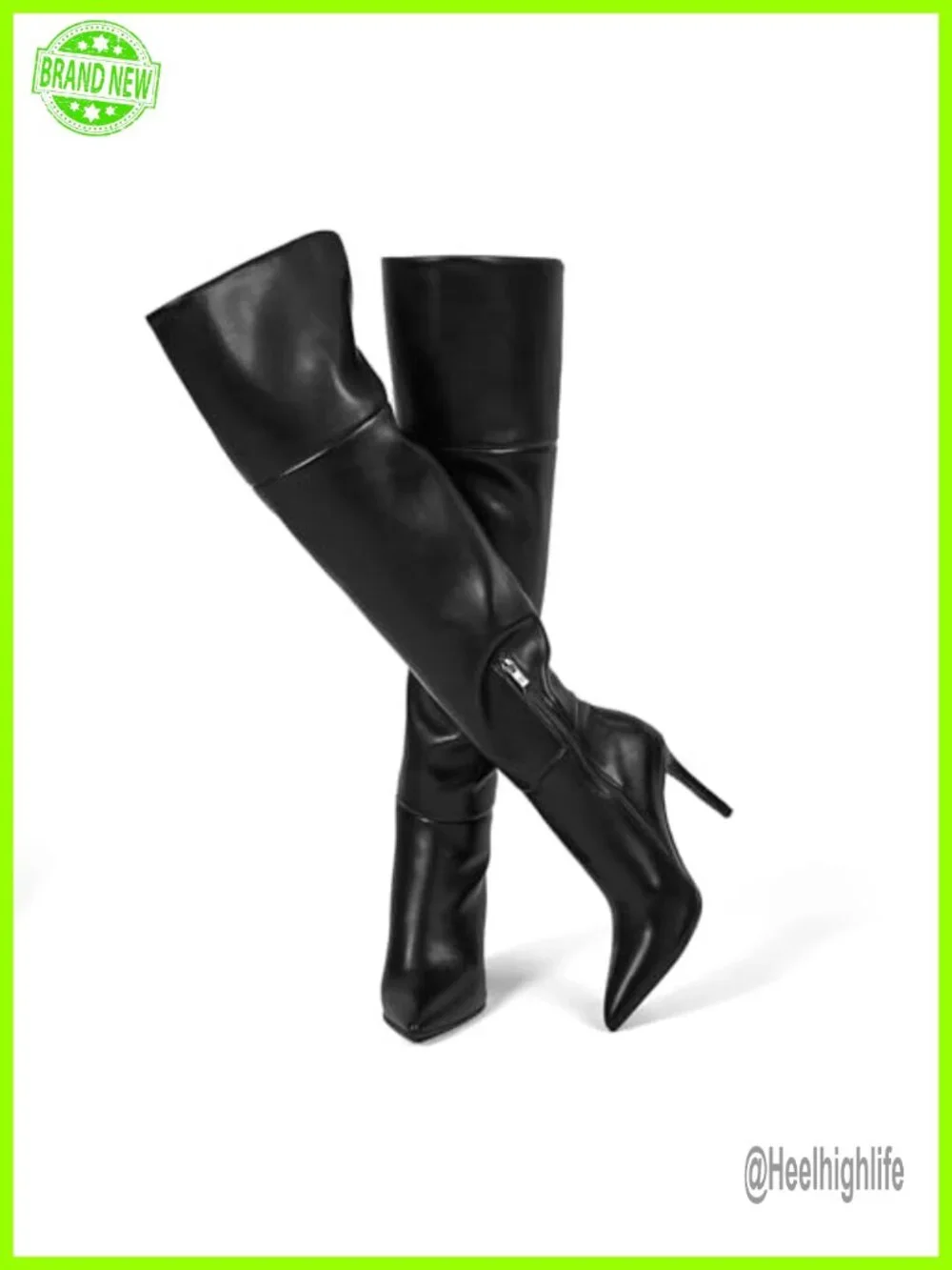 Over the Knee Boots with Side Zipper, Heeled Boots - Faux Leather, Pointed Toe